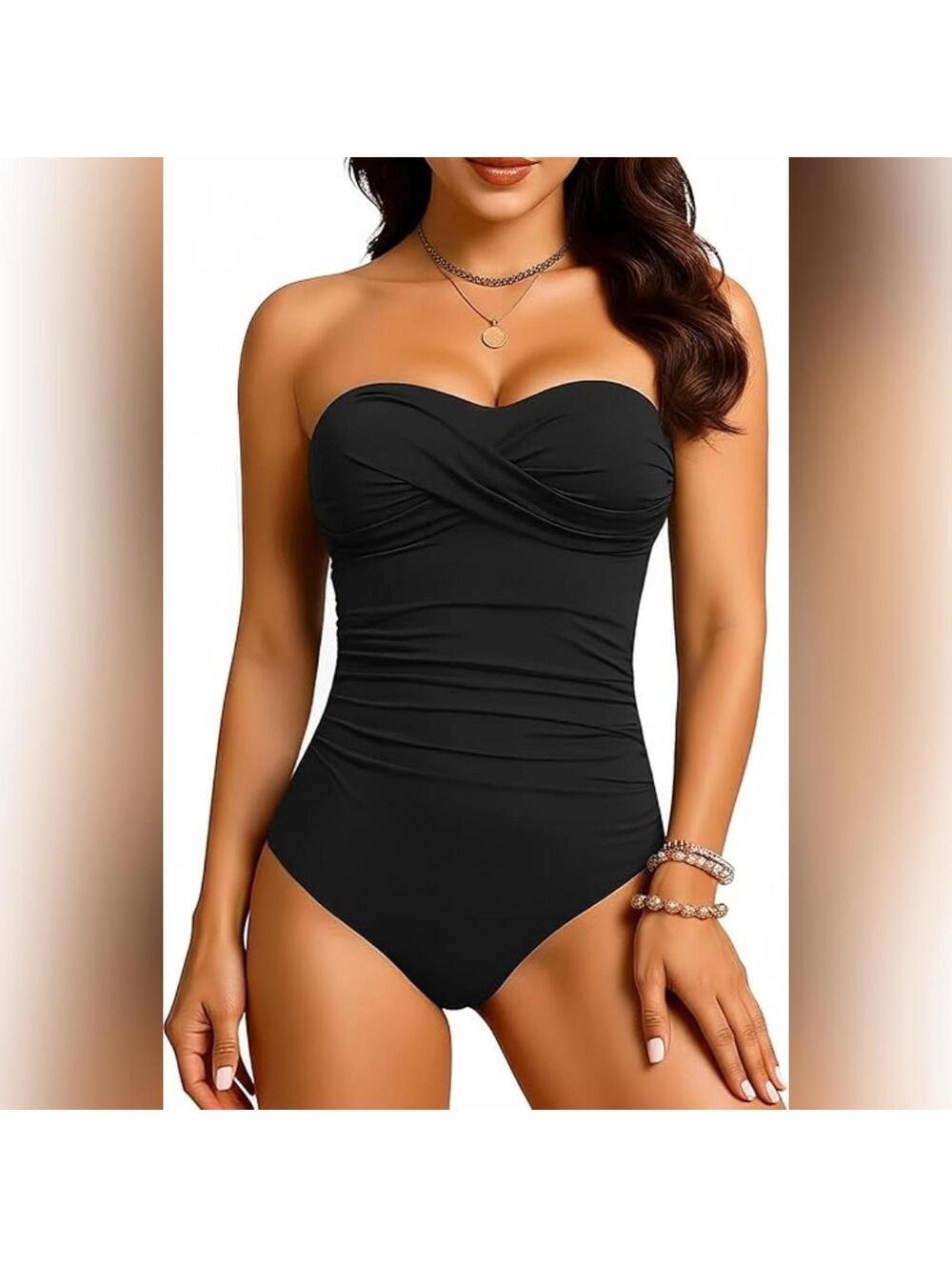 NWOT Yonique One Piece Straples Bandeau Tummy Control Swimsuit, Medium